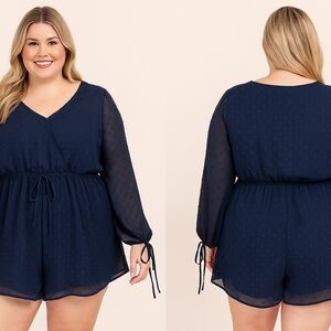 Chic Soul Navy Swiss Dot Long Sleeve Romper – Size 2X
